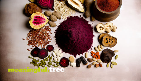 A variety of fiber-rich ingredients including dehydrated beet root powder, promoting digestive health