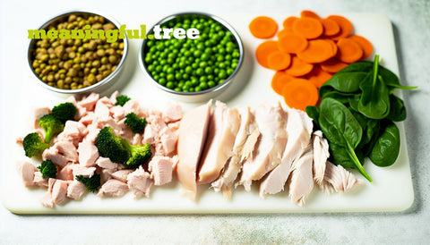 A variety of lean proteins and fiber-rich vegetables for weight-conscious dog food