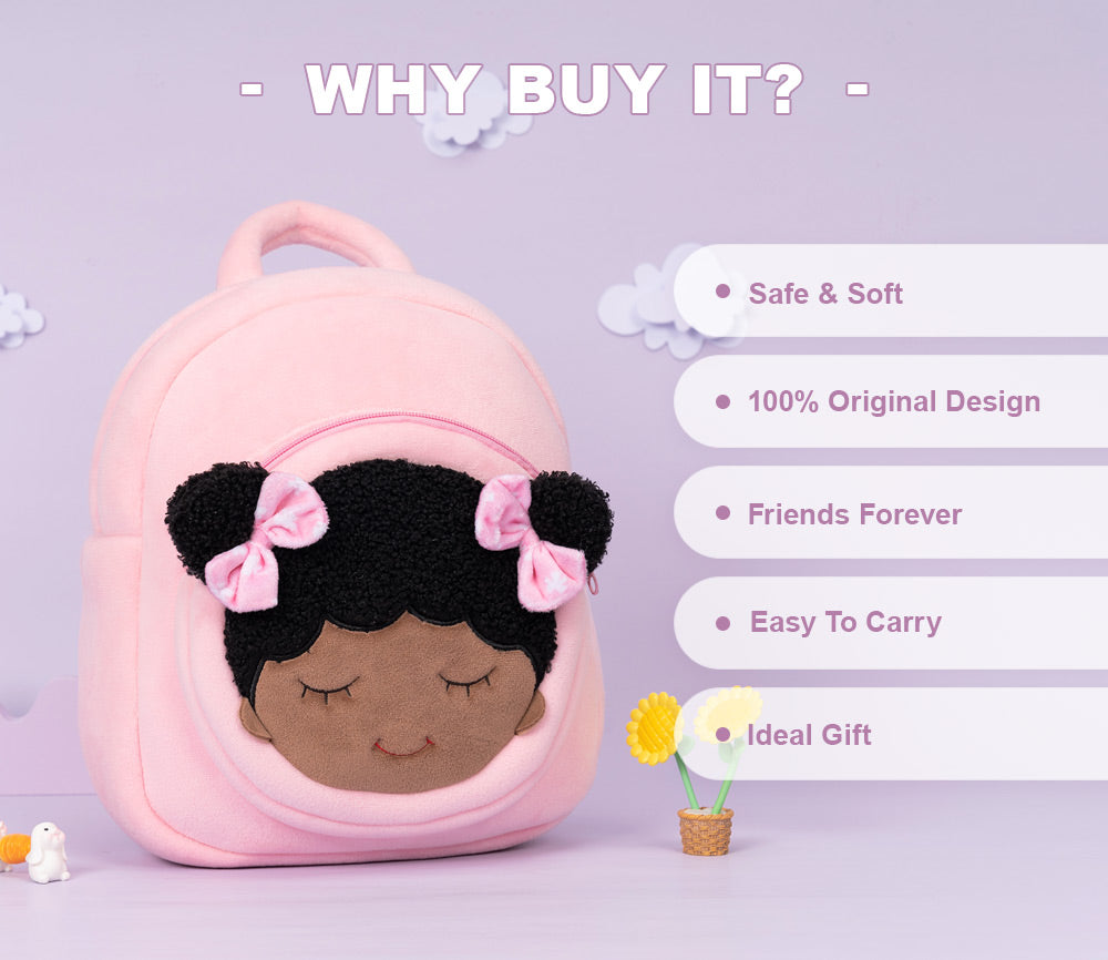 Black kids soft backpack, customized deep skin tone plush pink backpack,  gifts for babies age 1 2 3