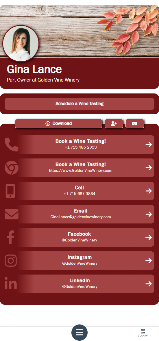 Personal Touchless Business Card Profile For Winery Networking