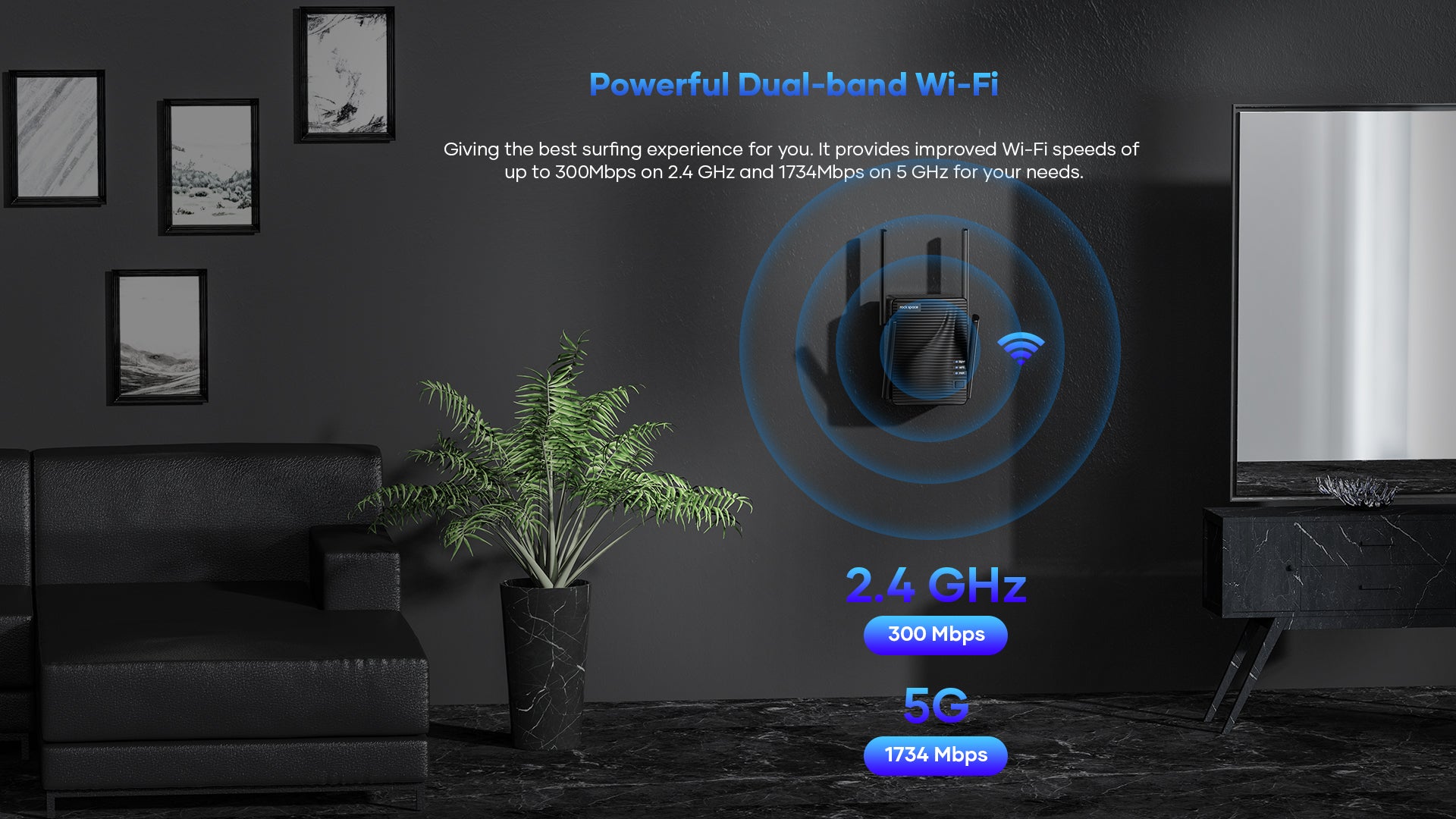 improved Wi-Fi speeds of up to 300 Mbps on 2.4 GHz and 1734 Mbps on 5 GHz