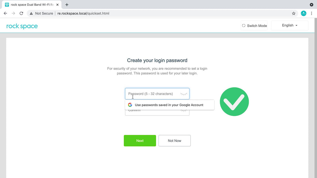 rockspace extender setup page, create your login password