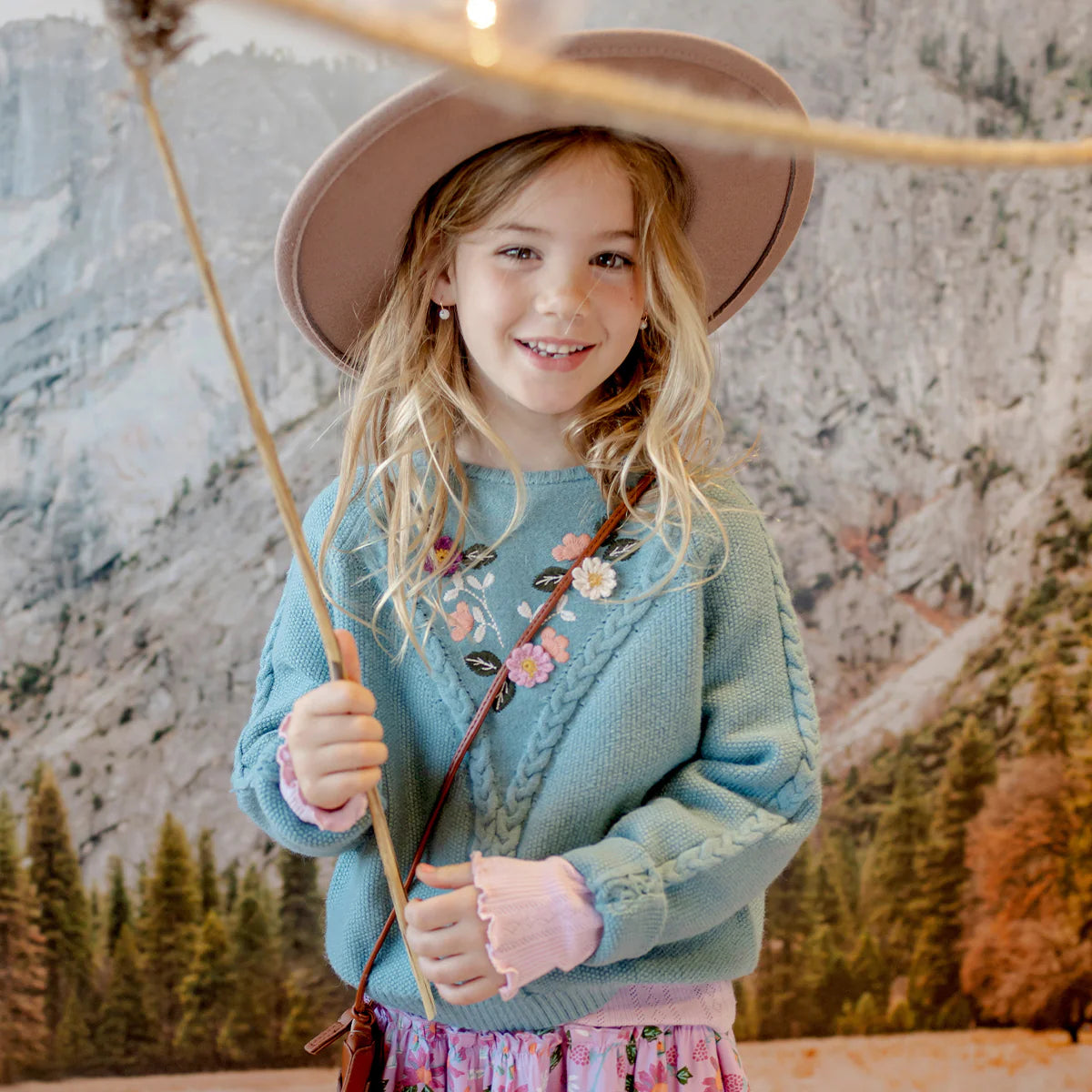 Ash Blue Knit Sweater with Embroidery & Crochet