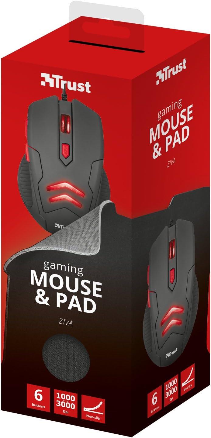 Trust Ziva Gaming Mouse with 6 Responsive Buttons 1000-3000 DPI and Mousepad Black