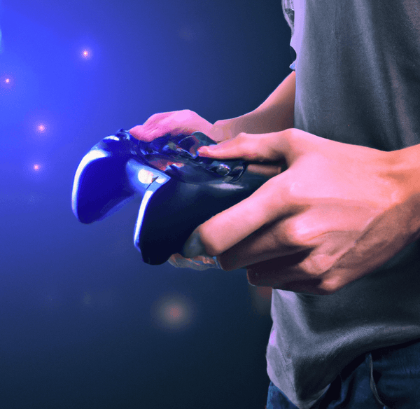 man holding black gaming controller, space in background