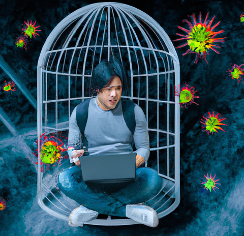 student in the cage holding laptop and trying to protect it from viruses