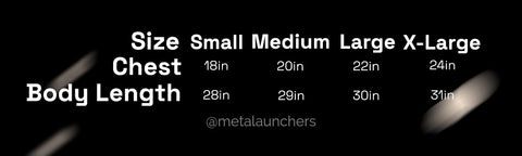MetaLaunchers T Shirt Size Chart