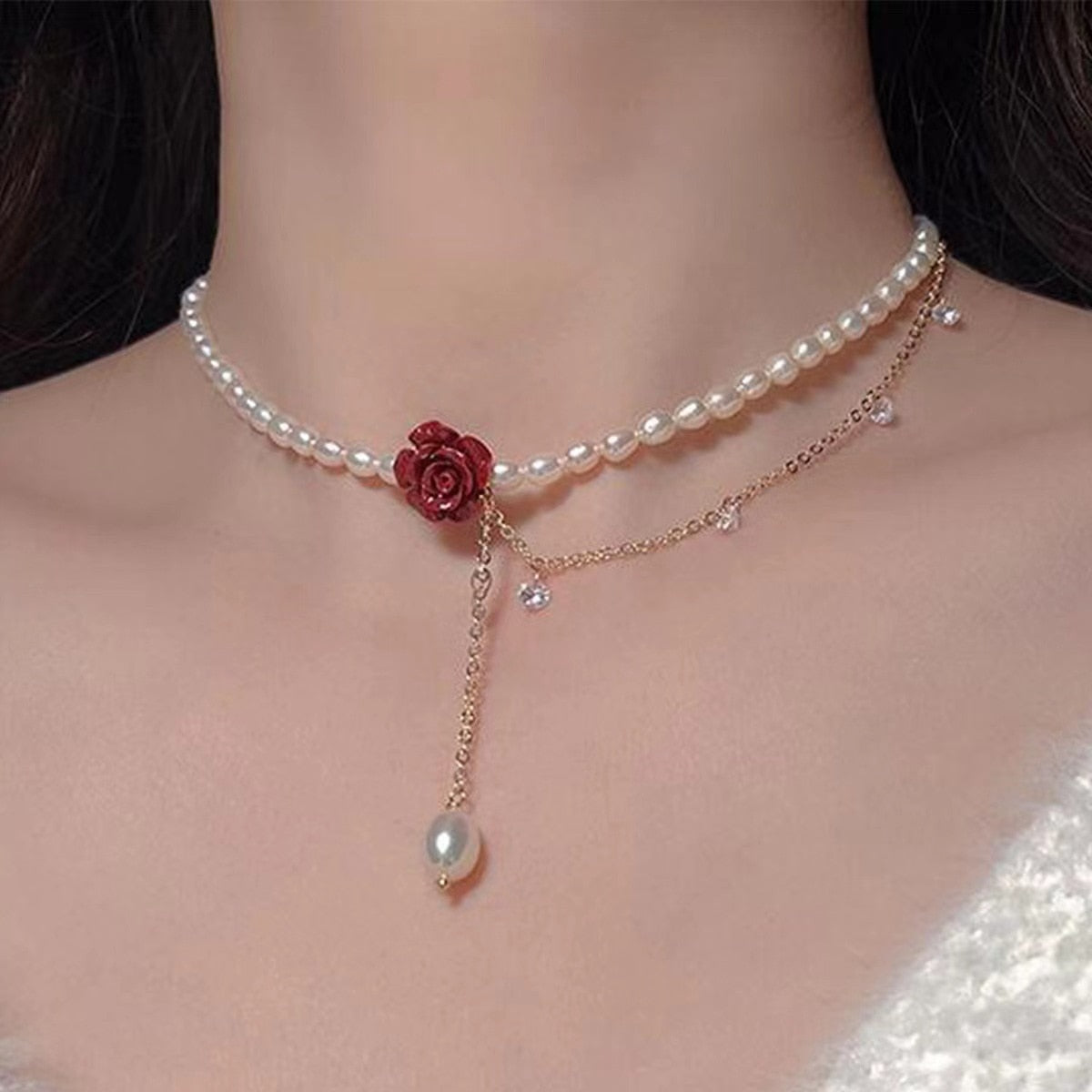 ROSE FLOWER ZIRCON PEARL NECKLACE