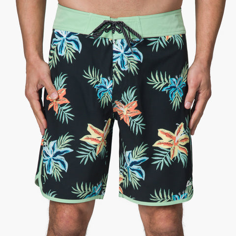 mens board shorts with Hawaiian flowers in black and green