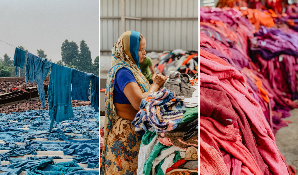 Woollen garments being sorted into coloured piles before being washed and recycled