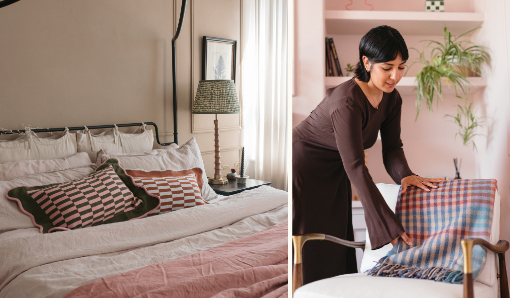 cushions and blanket in home being styled