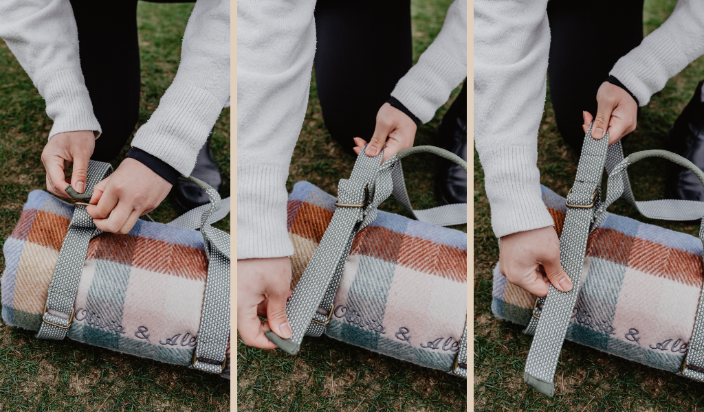 A step by step visual of fastening a recycled picnic blanket strap 