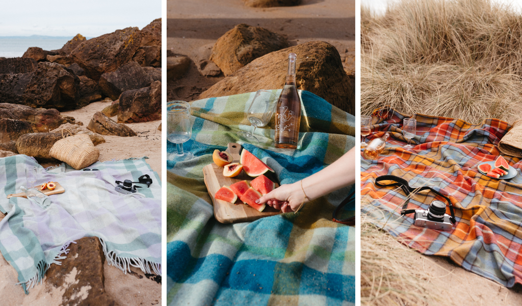 Three images side by side, each depicting a different picnic blanket on a beach