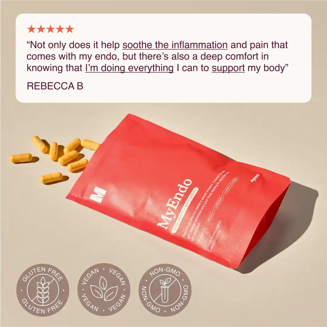 Red package of MyEndo supplement with capsules and a customer review.