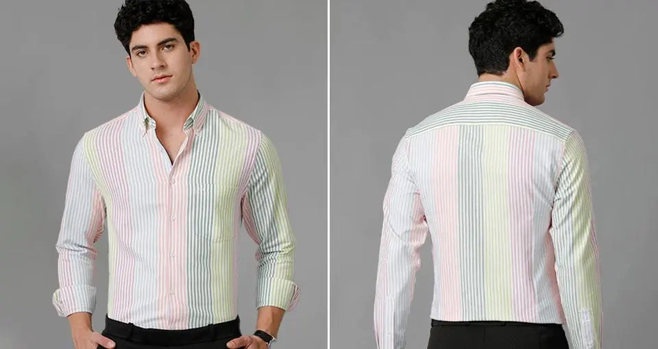 Aldeno Mens Slim Fit Multi Color Stripe Casual Cotton Shirt (TINA)