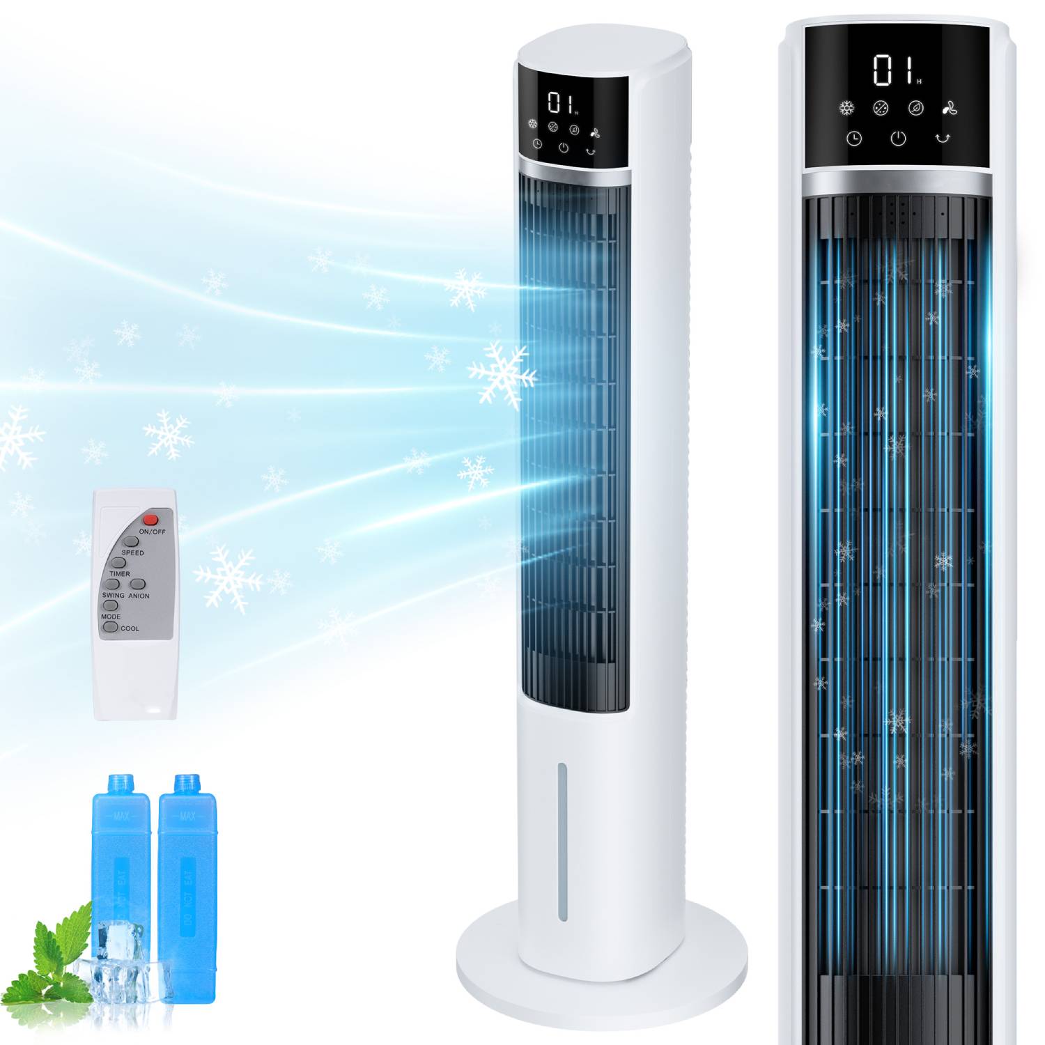 Entil Tower Fan with 40", Remote Controller, 3 Modes, 3 Speeds, 75° Oscillating Air Cooler, White