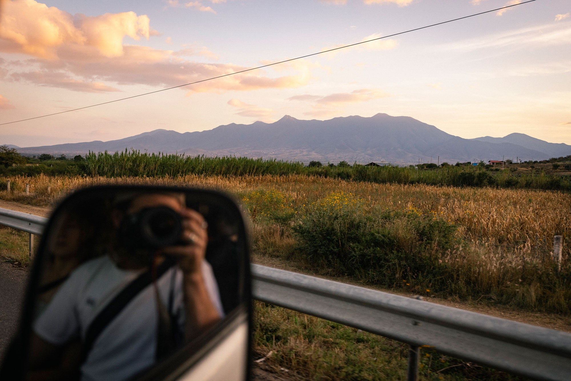 Mountains in Oaxaca with reflection in car mirror