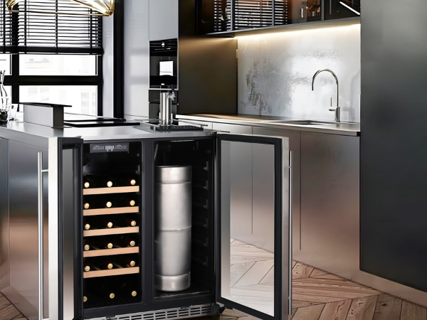 Side view of a 6.3 Cu Ft Wine Outdoor Refrigerator With Single Tap Kegerator in a kitchen setting with both doors open. The first compartment is equipped with five wooden shelves fully stocked with bottles of wine, while the second compartment contains a stainless steel keg