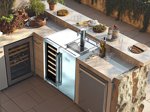 Side view of an outdoor kitchen with the 6.3 Cu Ft Stainless Steel Outdoor Refrigerator 34 Bottles Wine Cooler installed under the kitchen counter beside an undercounter microwave and an undercounter wine fridge