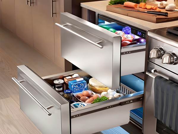 Side view of a kitchen setup with a 5.12 Cu Ft Outdoor Refrigerator with Drawer Design 160 cans installed beneath the kitchen table. The pulled-out drawers reveal food and beverages stored inside