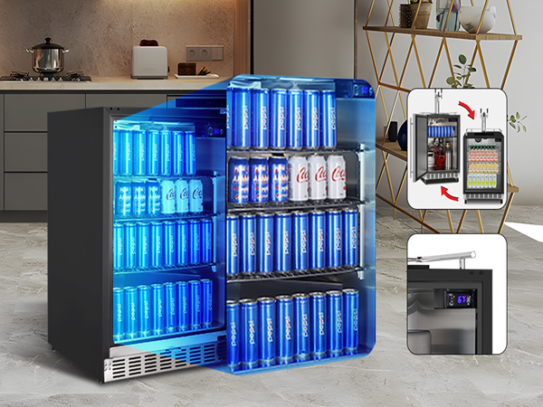  Side view of the 6.04 Cu Ft Undercounter Kegerator Outdoor Beverage Fridge, with a modern kitchen visible in the background. Accompanied by the product are two small images highlighting the product's 2-in-1 functionality