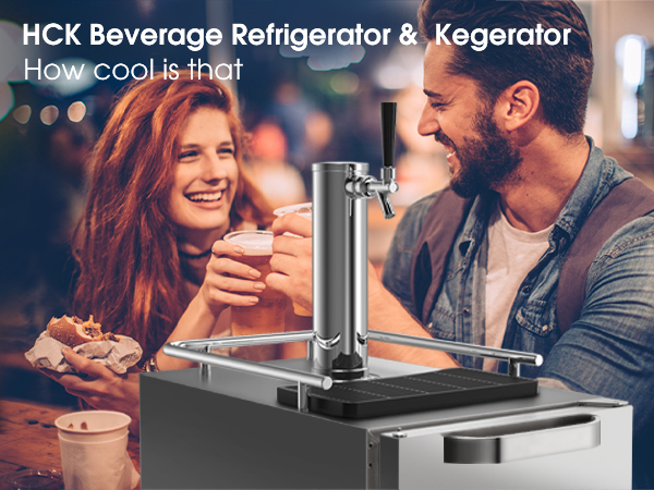 A close-up view of the tap tower of the 3.2 Cu Ft Outdoor Refrigerator Kegerator 96 cans. In the background, a man and a woman are raising glasses of beer, cheering each other