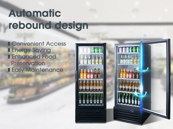  Front view of the 10 Cu Ft Single Zone Compact Beverage Fridge standing beside a side view of it with the door open. The image is accompanied by descriptions and icons to highlight the product's features
