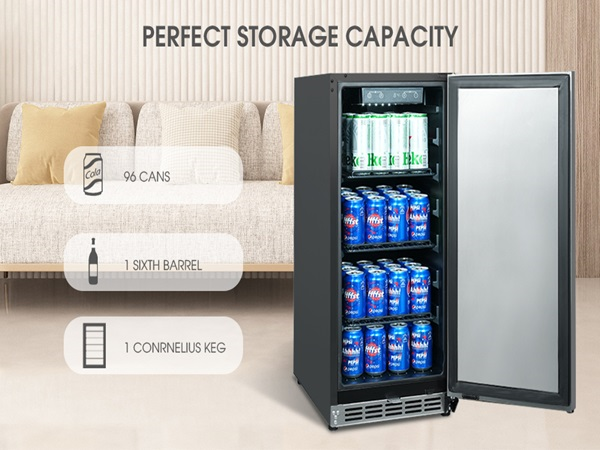Front view of the 3.2 Cu Ft Outdoor Refrigerator Kegerator with 96 cans capacity, door open, placed in a living room setting. The interior is fully stocked with beverage cans, with accompanying icons and descriptions highlighting its capacity feature