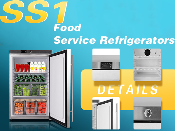  Side view of the 5.4 Cu Ft Stainless Steel Undercounter Outdoor Refrigerator with the door open, revealing the interior space fully stocked with frozen food. Four separate close-up views of different details of the product are positioned beside it to highlight product features