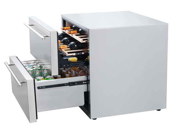 Side view of a 5.29 Cu Ft Stainless Steel Dual Zone Outdoor Refrigerator, rotated to the left with the door open, revealing the interior stocked with beverage bottles