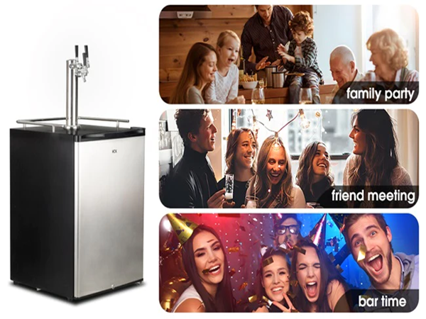  Side view of a 6.53 Cu Ft Outdoor Kegerator Stainless Steel Refrigerator 230 Cans, accompanied by images and descriptions illustrating its versatile usage scenarios. These include scenarios like family gatherings, friend meetings, and office breaks, showcasing the product's adaptability for various settings and occasions
