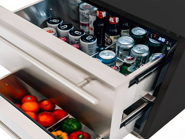 Close-up view of the open drawers of the 5.12 Cu Ft Outdoor Refrigerator with Drawer Design 160, revealing beverages and food items inside