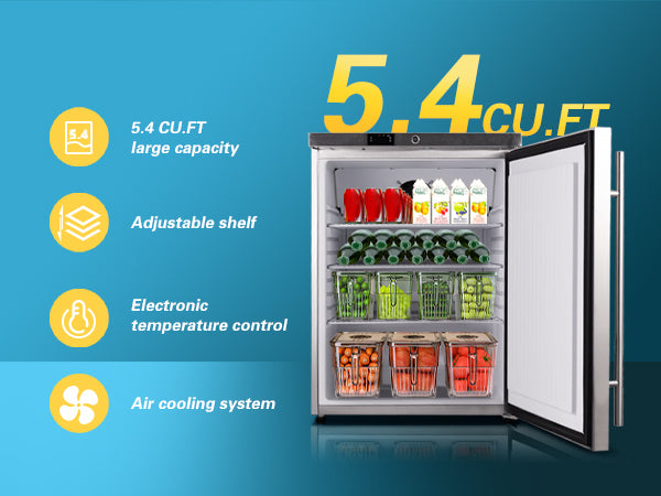 Side view of the 5.4 Cu Ft Stainless Steel Undercounter Outdoor Refrigerator with the door open, showcasing the contents inside the fridge in a commercial kitchen setting. Icons and descriptions accompany the product to highlight its features
