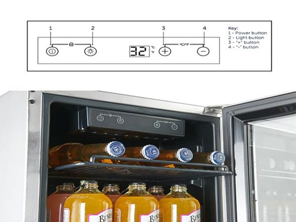 Close-up view of the interior space of the 3.2 Cu Ft Compact Beverage Outdoor Refrigerator 96 cans, showcasing the digital temperature control panel prominently mounted on the ceiling in front of the product
