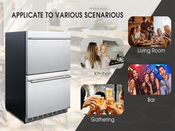 Side view of a 5.12 Cu Ft Undercounter Beverage Outdoor Refrigerator Drawer Design, presented alongside elements and descriptions showcasing the versatile usage scenarios of the product