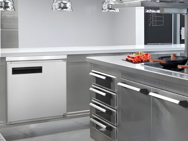 Side view of a commercial kitchen with the 7 Cu Ft Stainless Steel Worktop Beverage Fridge installed under the kitchen counter in the left corner.