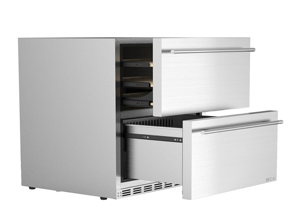 Side view of a 5.29 Cu Ft Stainless Steel Dual Zone Outdoor Refrigerator, rotated to the right with the door open, showcasing the interior space