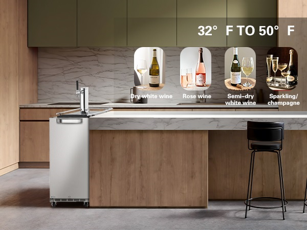 A 3.2 Cu Ft Outdoor Refrigerator Kegerator 96 cans  is positioned at the left corner beside a kitchen table in a kitchen setting. The image includes icons and descriptions highlighting the product features