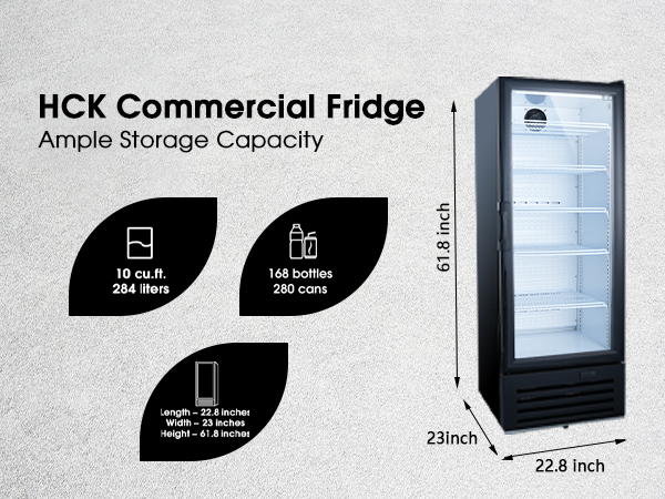 Side view of the 10 Cu Ft Single Zone Compact Beverage Fridge, accompanied by icons, elements, and descriptions highlighting the product's capacity and size features