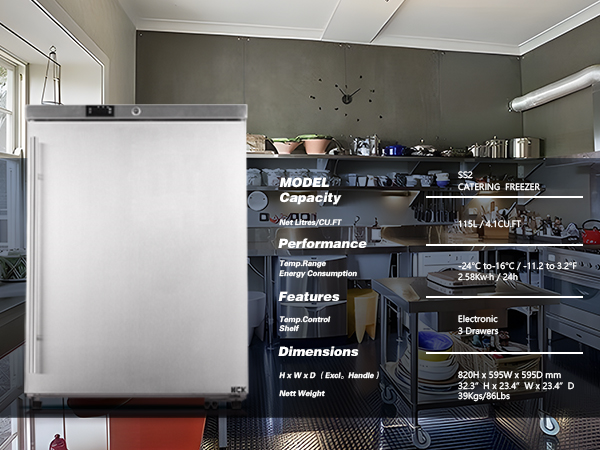 Front view of the 4.1 Cu Ft Food Service Outdoor Beverage Fridge Freezer 128 cans, accompanied by descriptions providing information about the product's specifications. A commercial kitchen is visible in the background