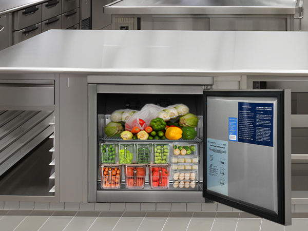Front view of a commercial kitchen with the 7 Cu Ft Stainless Steel Worktop Beverage Fridge positioned under the kitchen counter. The product door is open, revealing the interior space fully stocked with different types of vegetables