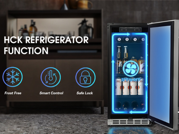 Front view of a 3.2 Cu Ft Black Outdoor Beverage Fridge designed to hold 96 cans, with its door open, revealing the interior space. In the background is a kitchen setup. The image is accompanied by icons and feature descriptions highlighting the product's attributes
