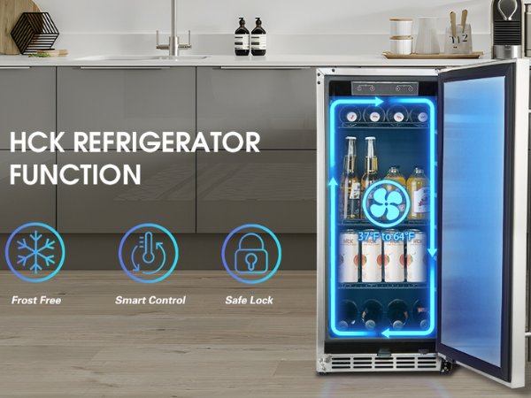 Front view of a 3.2 Cu Ft Undercounter Beverage Outdoor Refrigerator with the door open, displaying interior space, accompanied by icons and feature descriptions