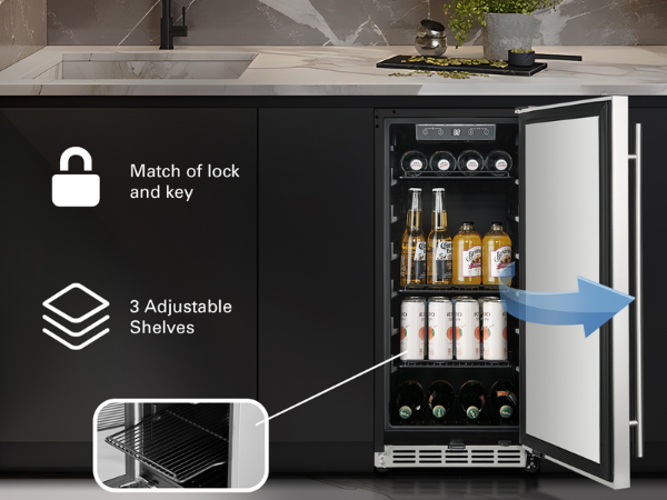 Front view of the 3.2 Cu Ft Black Outdoor Beverage Fridge 96 cans, with its door open, installed under the kitchen counter. The product is accompanied by descriptive images, icons, and text highlighting the shelves and locking features of the fridge