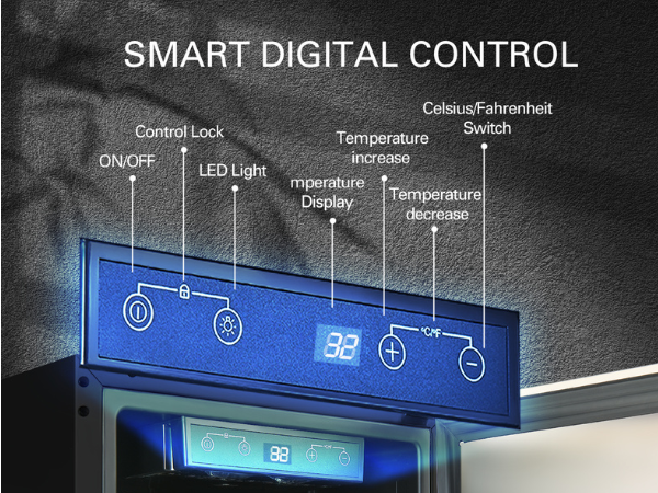 Close-up view of the digital temperature control panel of a 3.2 Cu Ft Undercounter Beverage Outdoor Refrigerator, accompanied by icons and descriptions highlighting the product's features