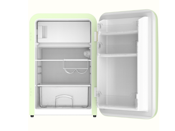 Front view of a 3.8 Cu Ft Beverage Retro Fridge With Freezer Box with the door open, showcasing interior space with two glass shelves and a transparent drawer