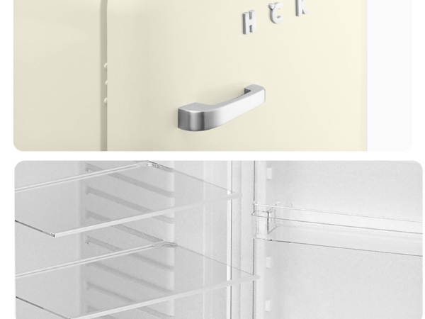 The top half of the image depicts a close-up view of the door handle of the 3.8 Cu Ft Beverage Retro Fridge With Freezer Box. The bottom half shows the product with the door open, revealing the interior space equipped with glass shelves