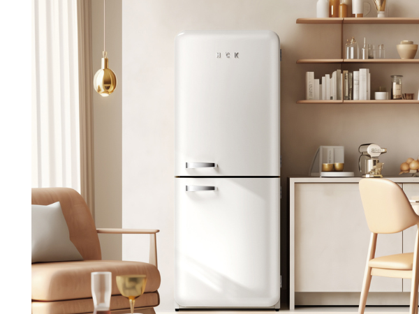 Front view of a retro-style living room setting with the 14.1 Cu Ft Bottom Freezer Iconic Retro Fridge positioned beside a living room cabinet, perfectly integrated into the space