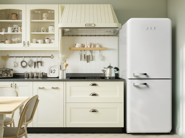 Front view of a retro-style kitchen setting featuring the 14.1 Cu Ft Bottom Freezer Iconic Retro Fridge, perfectly installed in the right corner beside a kitchen cabinet