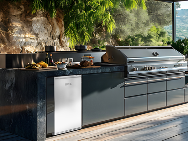 Side view of a kitchen placed in an outdoor site with the 3.18 Cu Ft Undercounter Beverage Outdoor Refrigerator 96 cans installed under the kitchen counter beside a barbecue grill